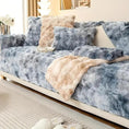 Load image into Gallery viewer, Luxurious Gradient Velvet Sofa Cover by topspet on a white sofa with blue-gray plush cushions and a beige faux-fur throw.
