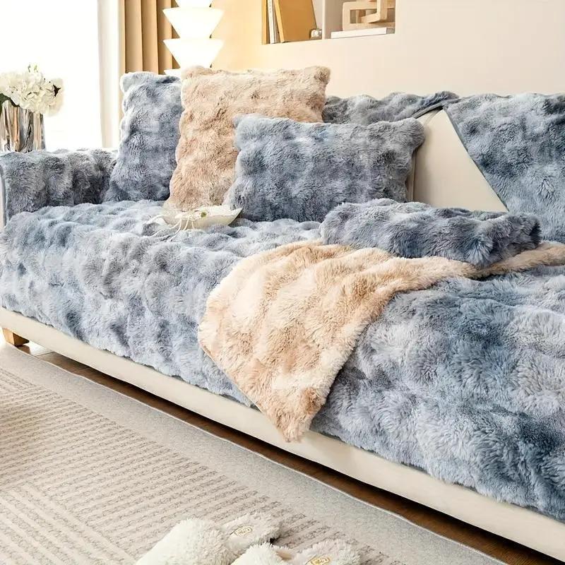 Luxurious Gradient Velvet Sofa Cover by topspet on a white sofa with blue-gray plush cushions and a beige faux-fur throw.