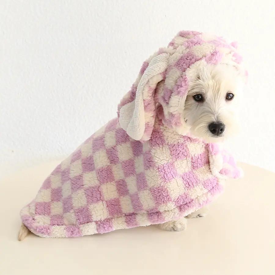 Small Dog Flannel Cape Towel by SOCKPET, pink and cream checkered pattern, pet costume