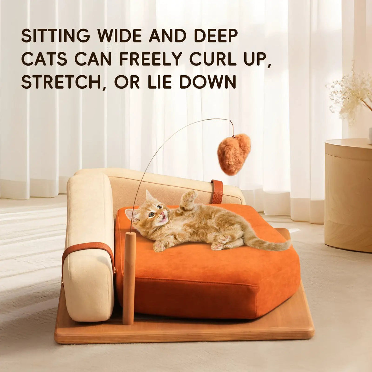 Wooden Pet Bed for Cats & Dogs with orange cushion and natural wood frame, cat relaxing on it