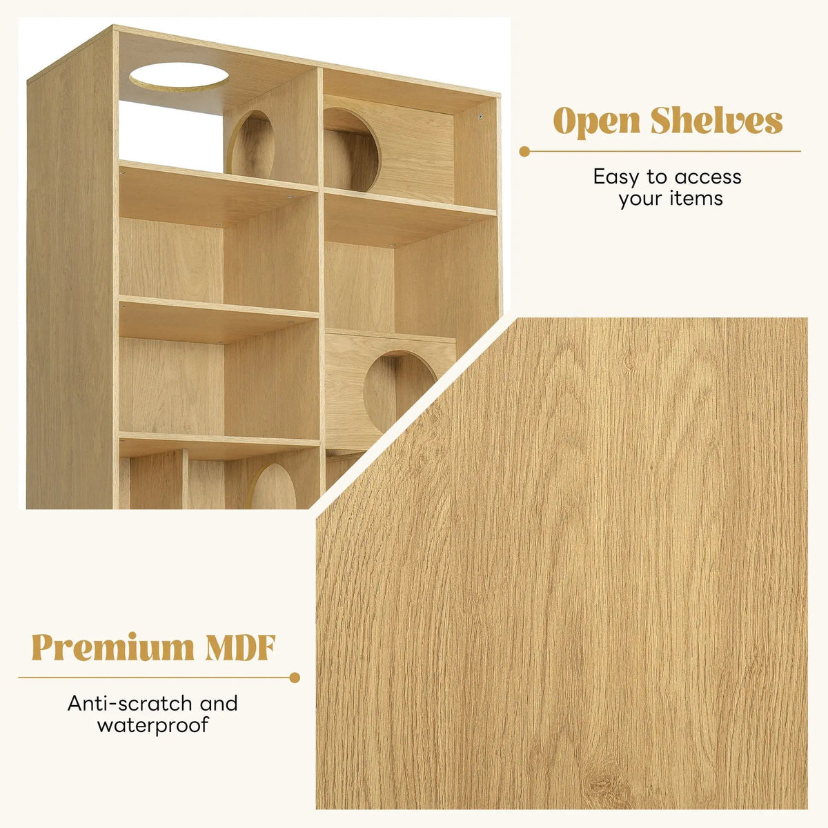 Modern 2-in-1 wooden cat house bookshelf by Sangria Beech, open shelves with round cat-entry holes.