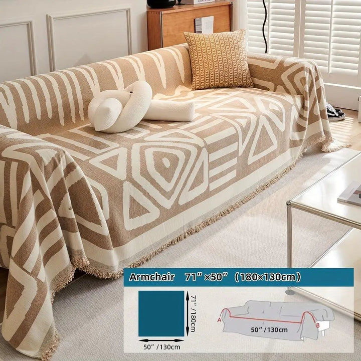 Bohemian-style chenille extra-long couch cover by topspet in beige geometric pattern, anti-dog-scratch.