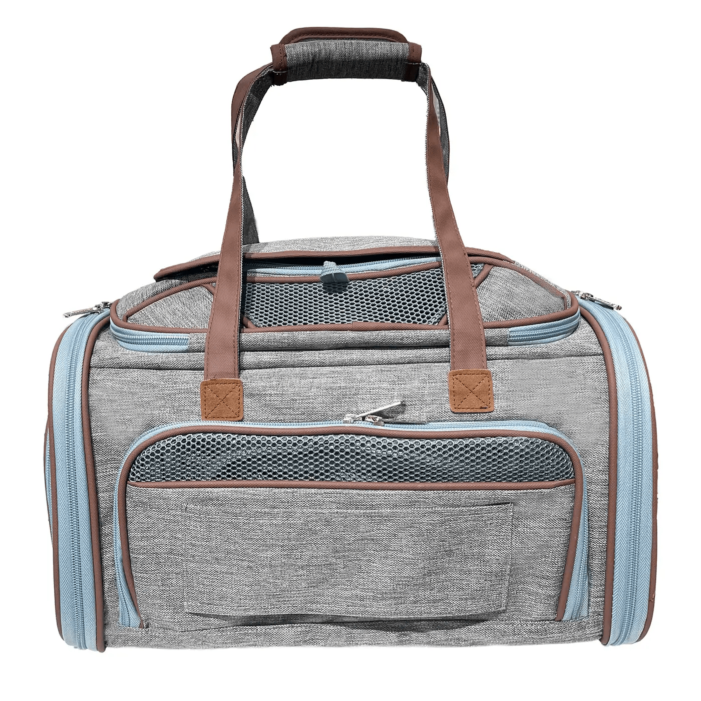 Mr. Peanut's Gold Series Mini Expandable V3.0 Pet Carrier, air travel approved, gray fabric with blue zippers and brown trim