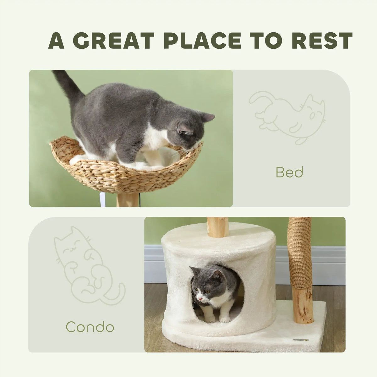 PawHut Woven Nest Cat Tree resting-space collage showing a gray-and-white cat in the woven basket bed and lower condo.