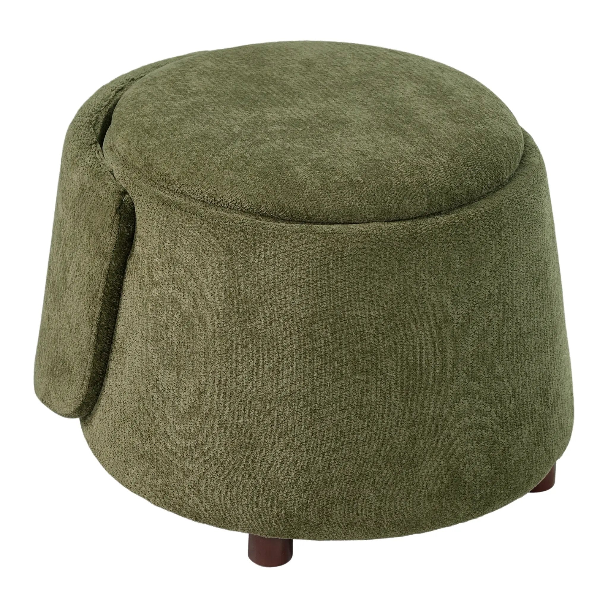 Green Pet Friendly Chair with Hidden Pet Nook; plush upholstery and a wooden leg.
