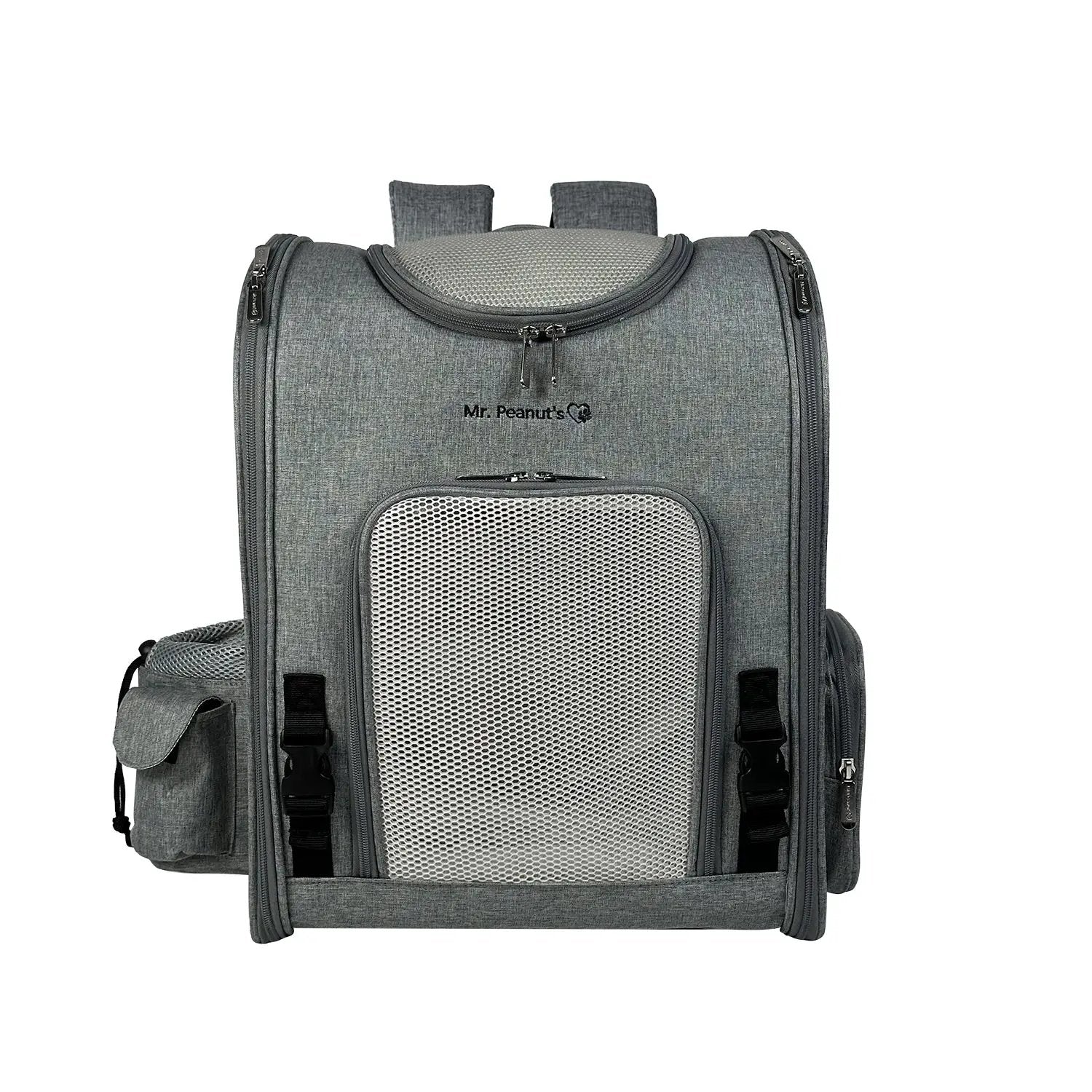 Mr. Peanut's Aspen Series airline-compliant backpack pet carrier in gray with mesh front panel.