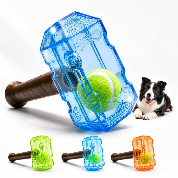 Blue hammer dog toy with enclosed tennis ball