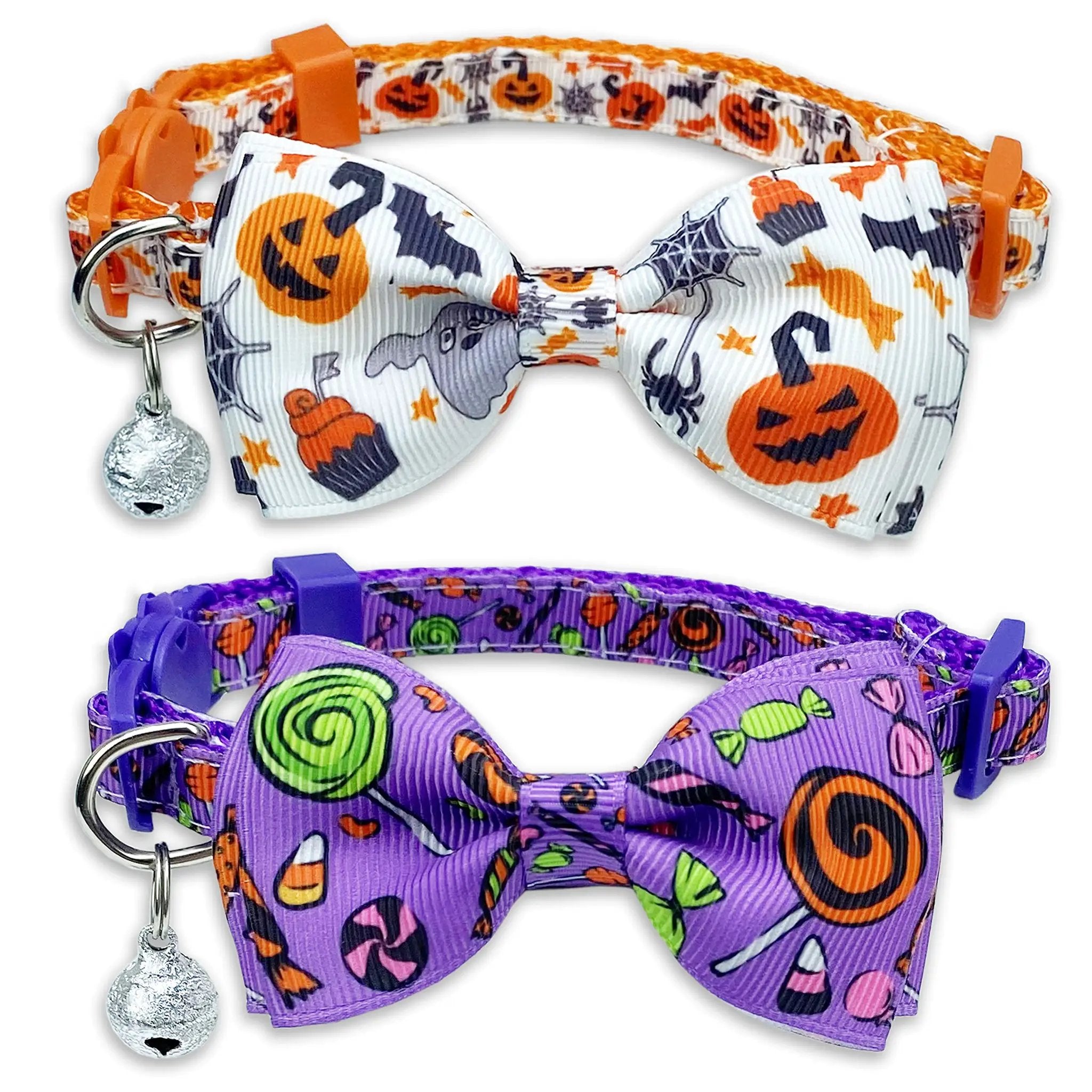 Halloween cat collar bow set; orange and purple breakaway collars with pumpkins and bats, 2-pack with bells