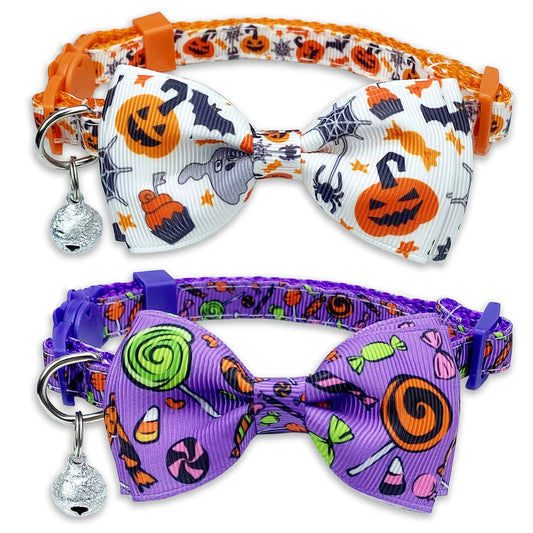 Halloween cat collar bow set; orange and purple breakaway collars with pumpkins and bats, 2-pack with bells
