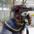 Load image into Gallery viewer, Pet Zen Christmas dog outfit with navy cape, gold lace trim and lace hat with plaid lining
