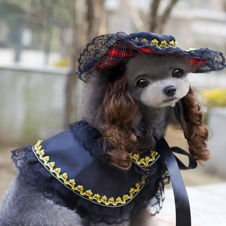 Pet Zen Christmas dog outfit with navy cape, gold lace trim and lace hat with plaid lining