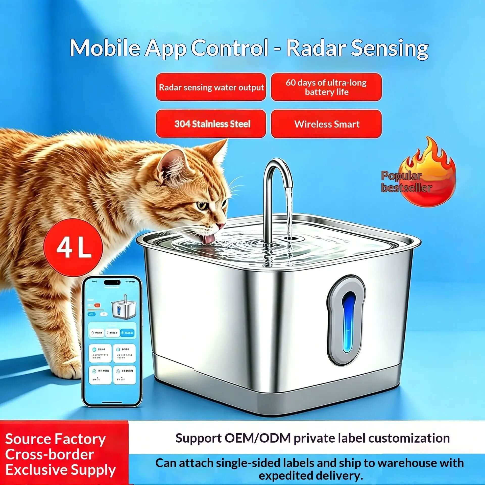 Wireless pet water fountain for cats and dogs, stainless steel, 4L capacity.