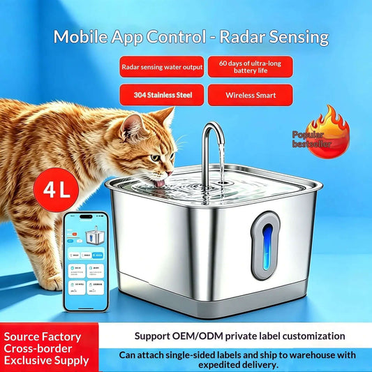 Wireless pet water fountain for cats and dogs, stainless steel, 4L capacity.