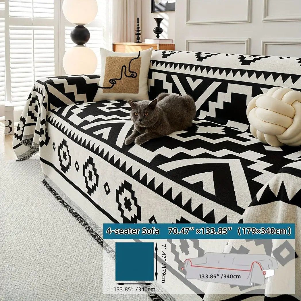 Boho-Chic All-Season Sofa Cover for 4-seat sofa in black-and-white geometric print; pet-proof couch cover.