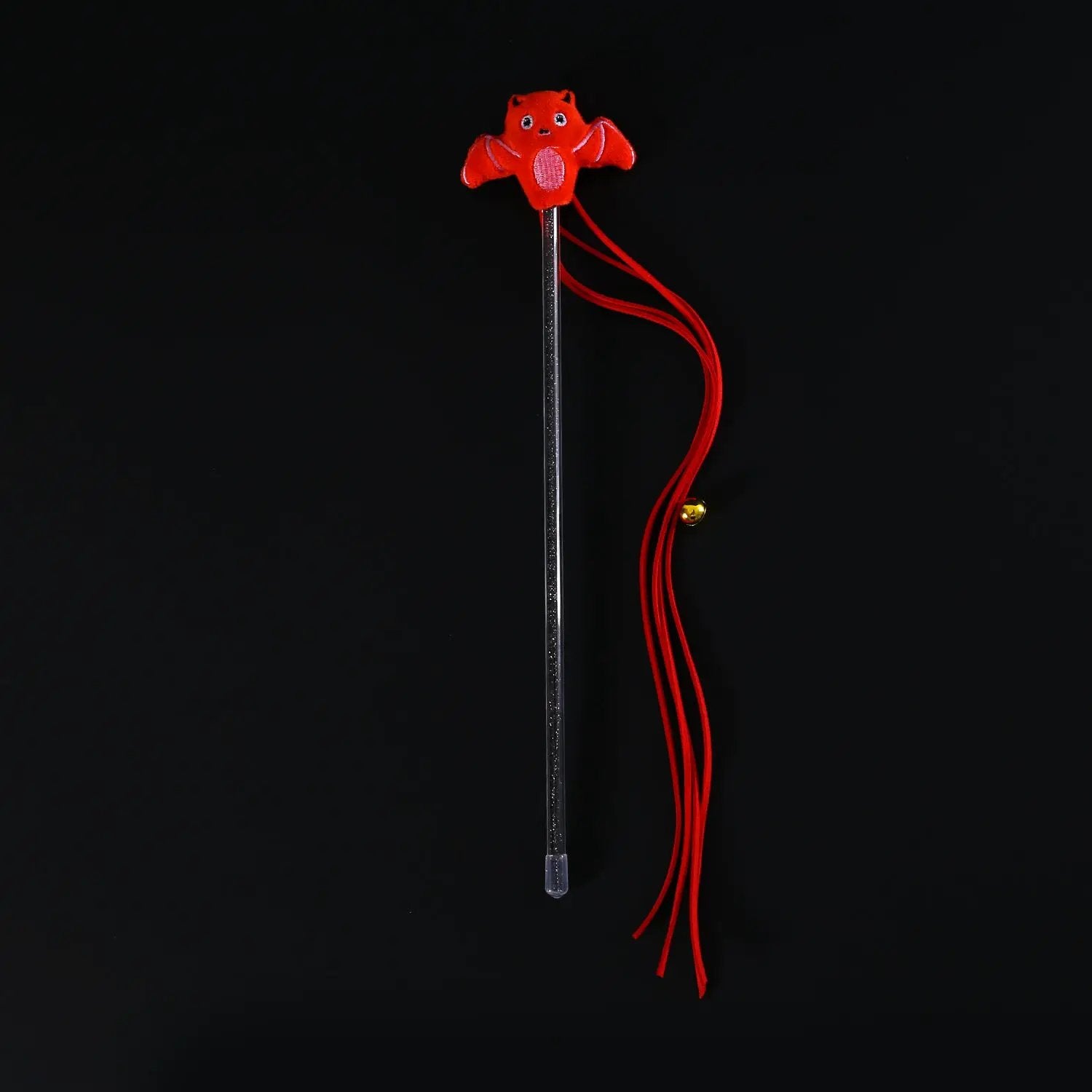 Halloween Cat Teaser Stick with red plush bat motif, long red tassels and bell for pets
