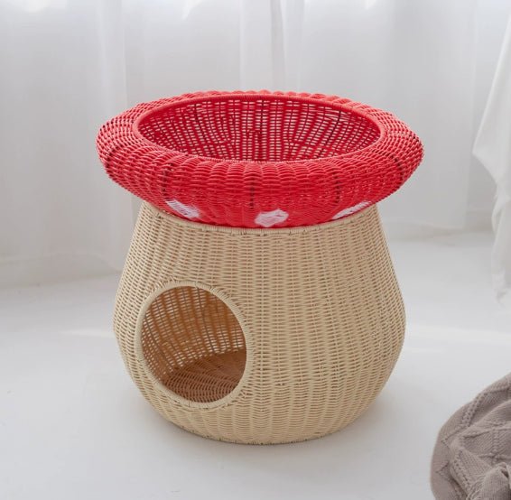 Open red upper basket above enclosed cat hideaway