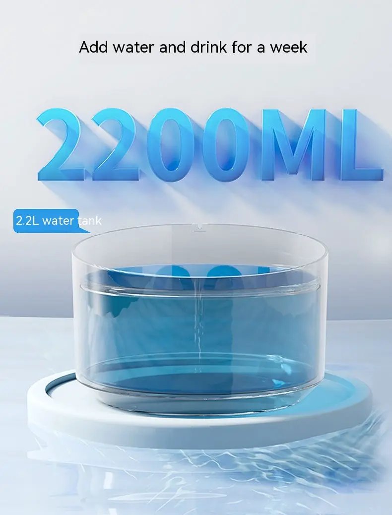 Cat water fountain with a clear cylindrical reservoir and white base, 2.2L tank.