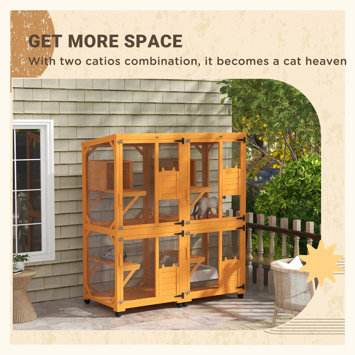 Example of two orange PawHut cat enclosures placed side by side; this listing includes one enclosure