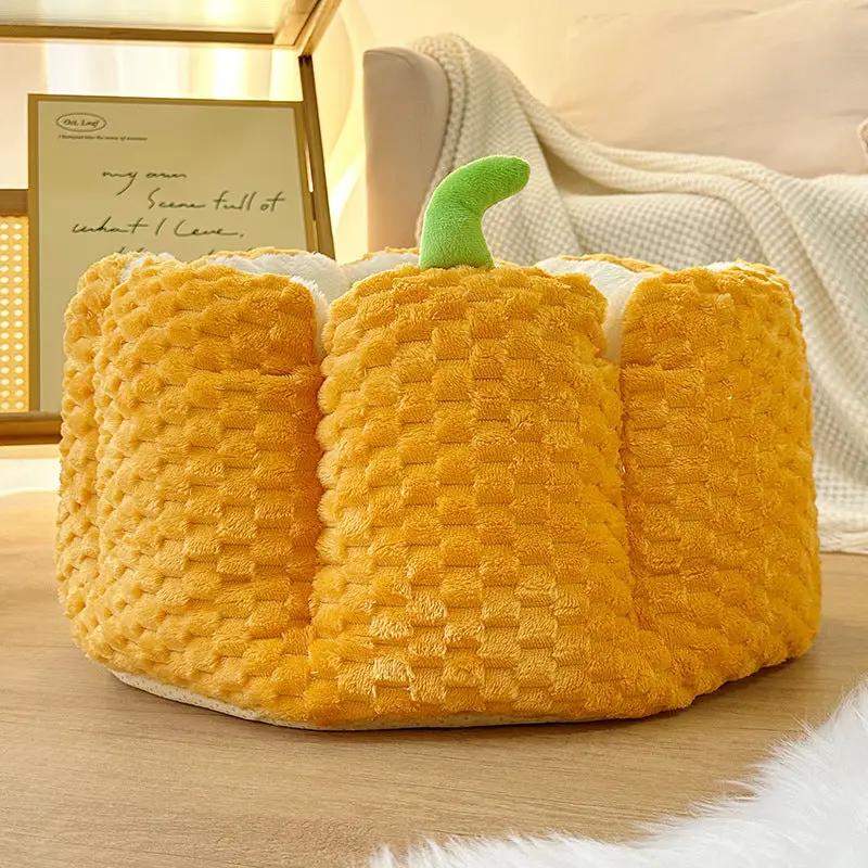 Pumpkin-shaped plush pet nest for cats, orange tufted bed with green stem