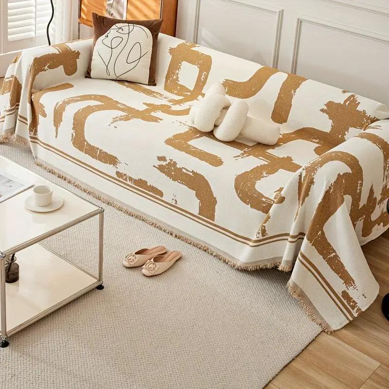 Boho Couch Cover Ultra Soft by topspet; cream chenille with tan abstract brush pattern on sofa