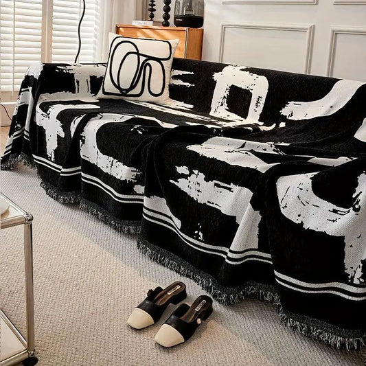 Boho couch cover in black and white chenille with fringe, ultra soft all-seasons fabric