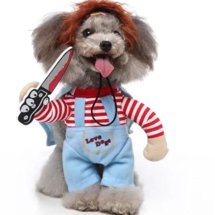 Cosplay dog outfit: blue overalls with red striped sleeves, dog holding a knife prop