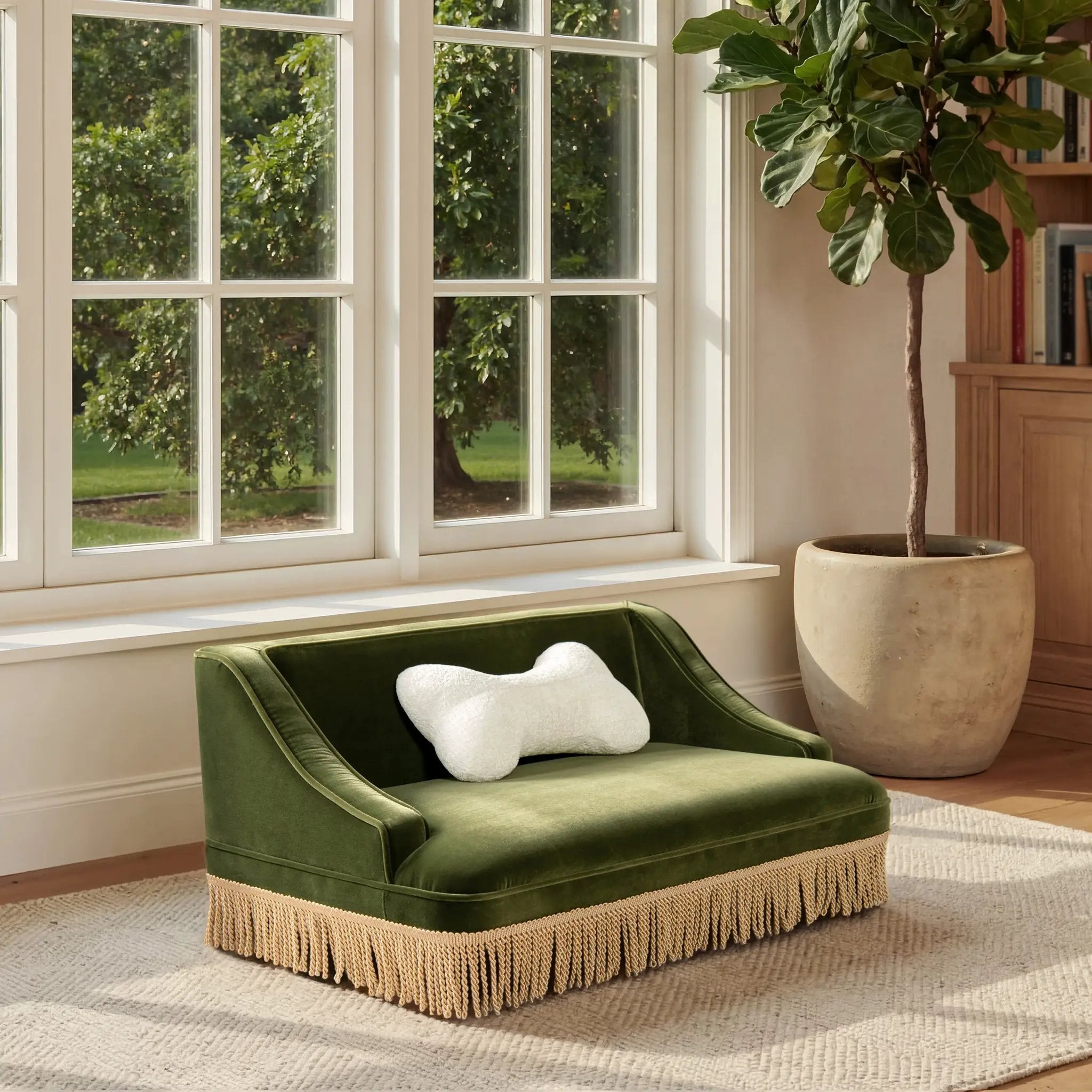 Duchess 33' Medium Princess Pet Bed Sofa with Fringe Skirt, Olive Green Velvet by HouseOfZazla