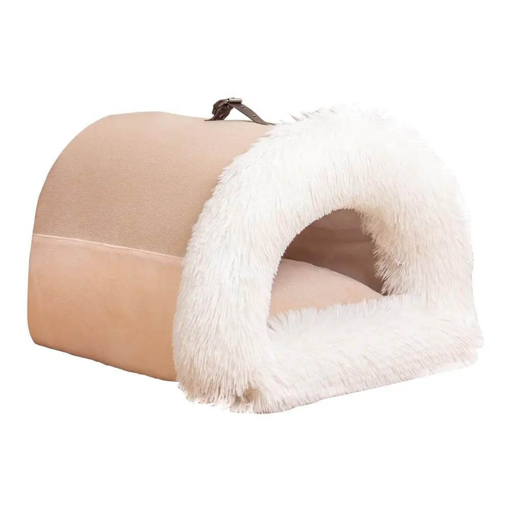 Portable moisture-proof pet nest bed in beige with plush white faux fur trim for cats and dogs.