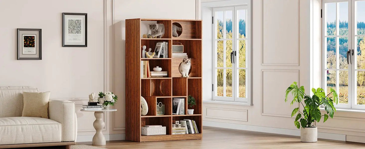 Modern 2-in-1 wooden cat house bookshelf by Sangria Beech with cat tree display cabinet