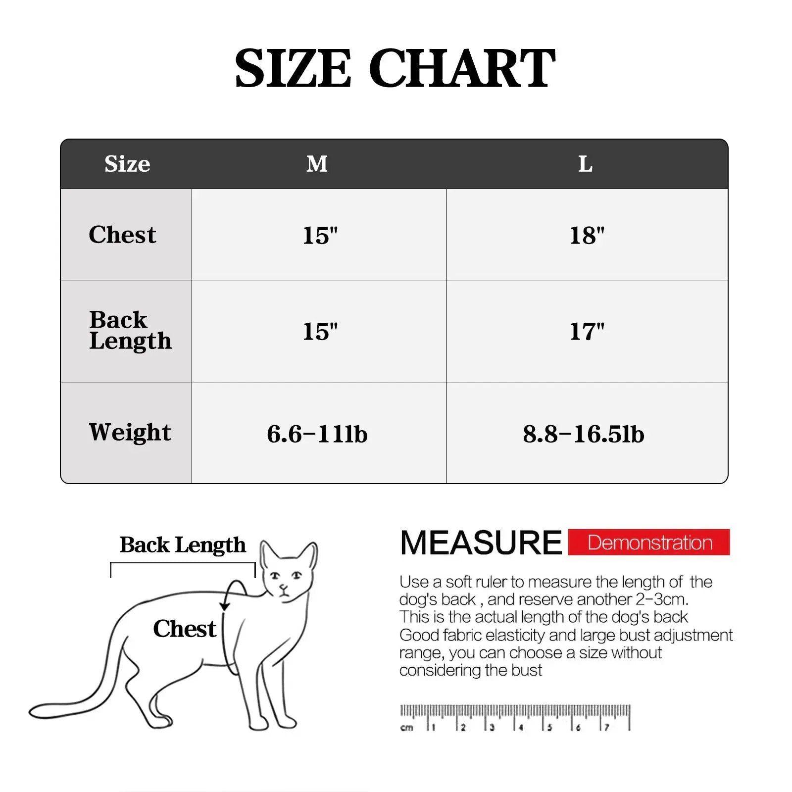 Cat Halloween Vampire Transformation Costume by Pet Zen size chart showing chest, back length and weight for M and L