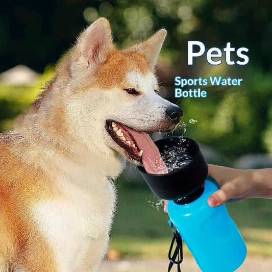 Portable squeeze-style pet water bottle with black cup; blue travel bottle for dogs and cats