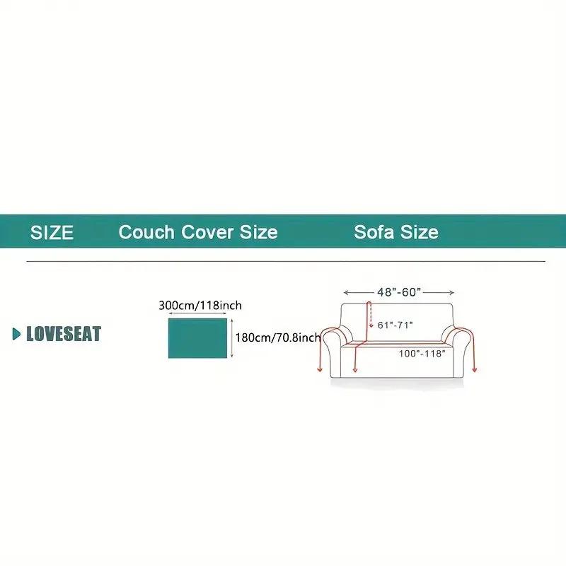 Premium chaise lounge couch cover size guide with teal swatch and LoveSeat branding, 180×300 cm