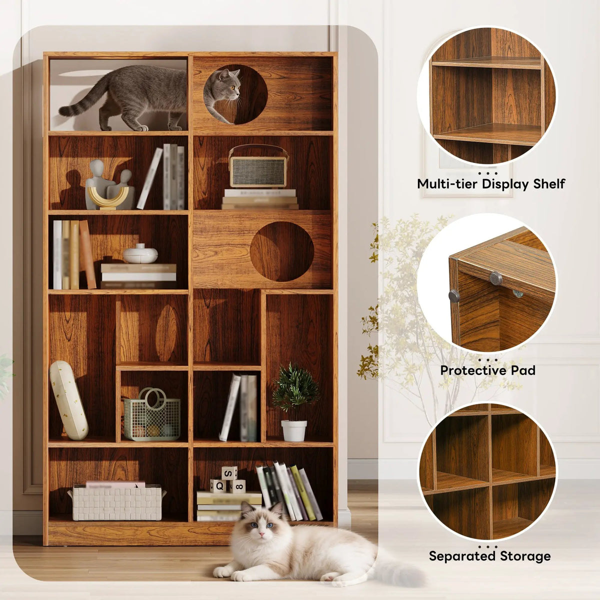 Modern 2-in-1 cat house bookshelf in Sangria Beech wood finish, cat tree display cabinet