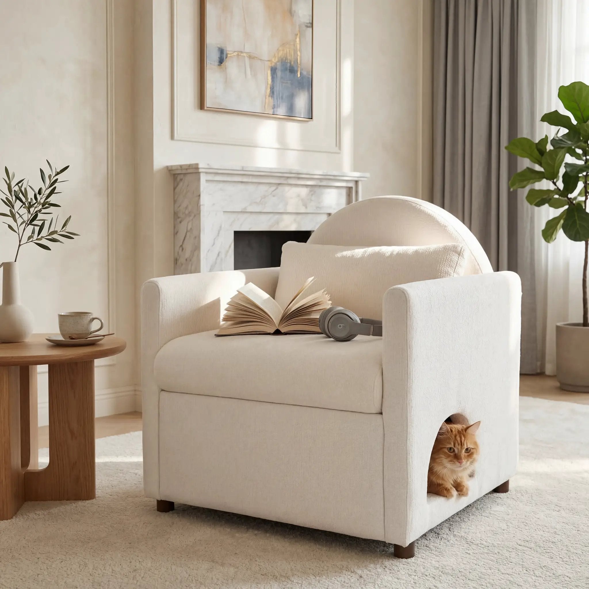 Beige fabric accent chair with hidden pet nook, cat nearby in a cozy living room.