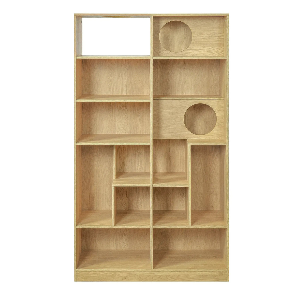 Modern 2-in-1 wooden cat house bookshelf and cat tree display cabinet in natural wood finish