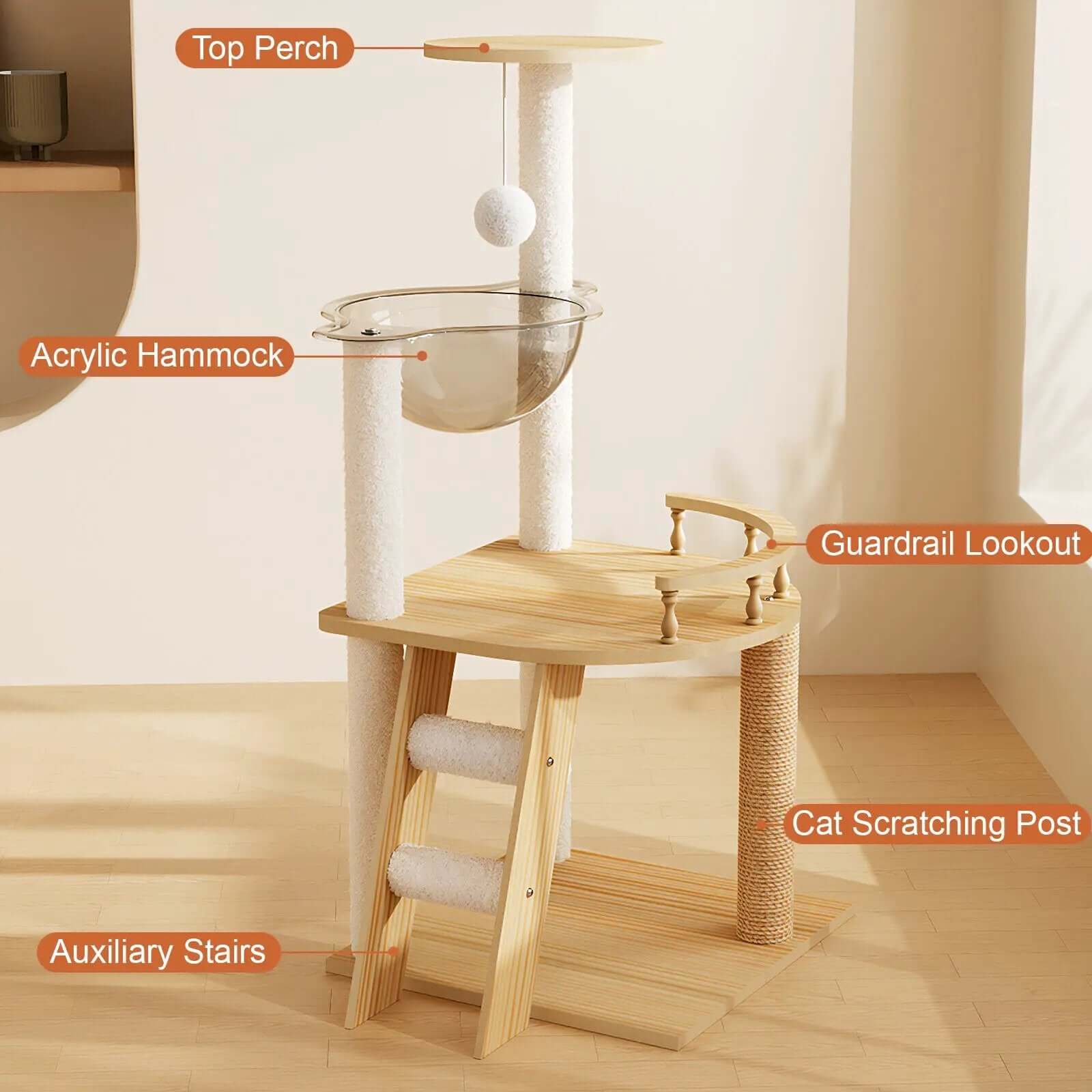 41.3-inch wooden cat tree with sisal posts, acrylic hammock, top perch, guardrail lookout and auxiliary stairs