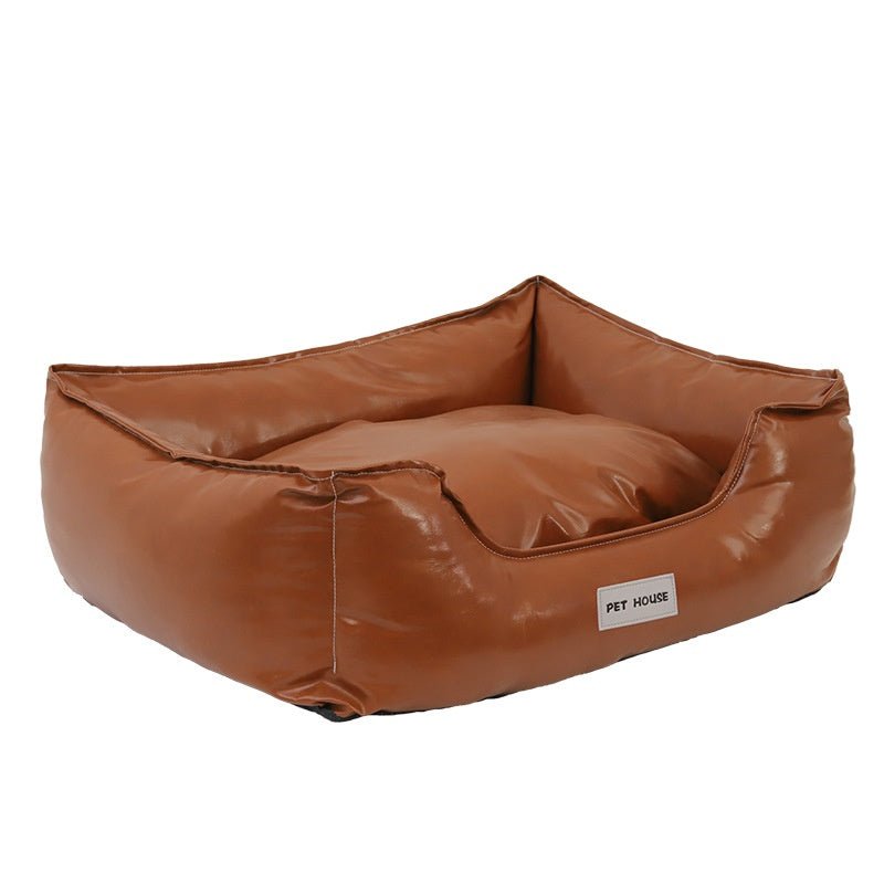 Brown leather-look bed on white background