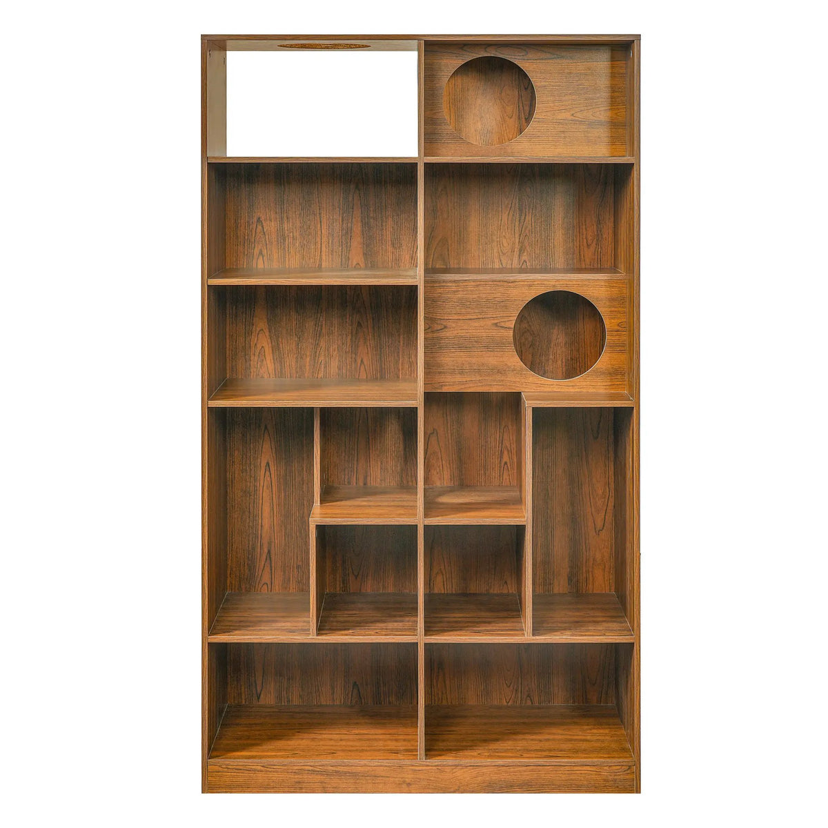 Cat house bookshelf cabinet by Sangria Beech in warm wood finish with circular cat holes