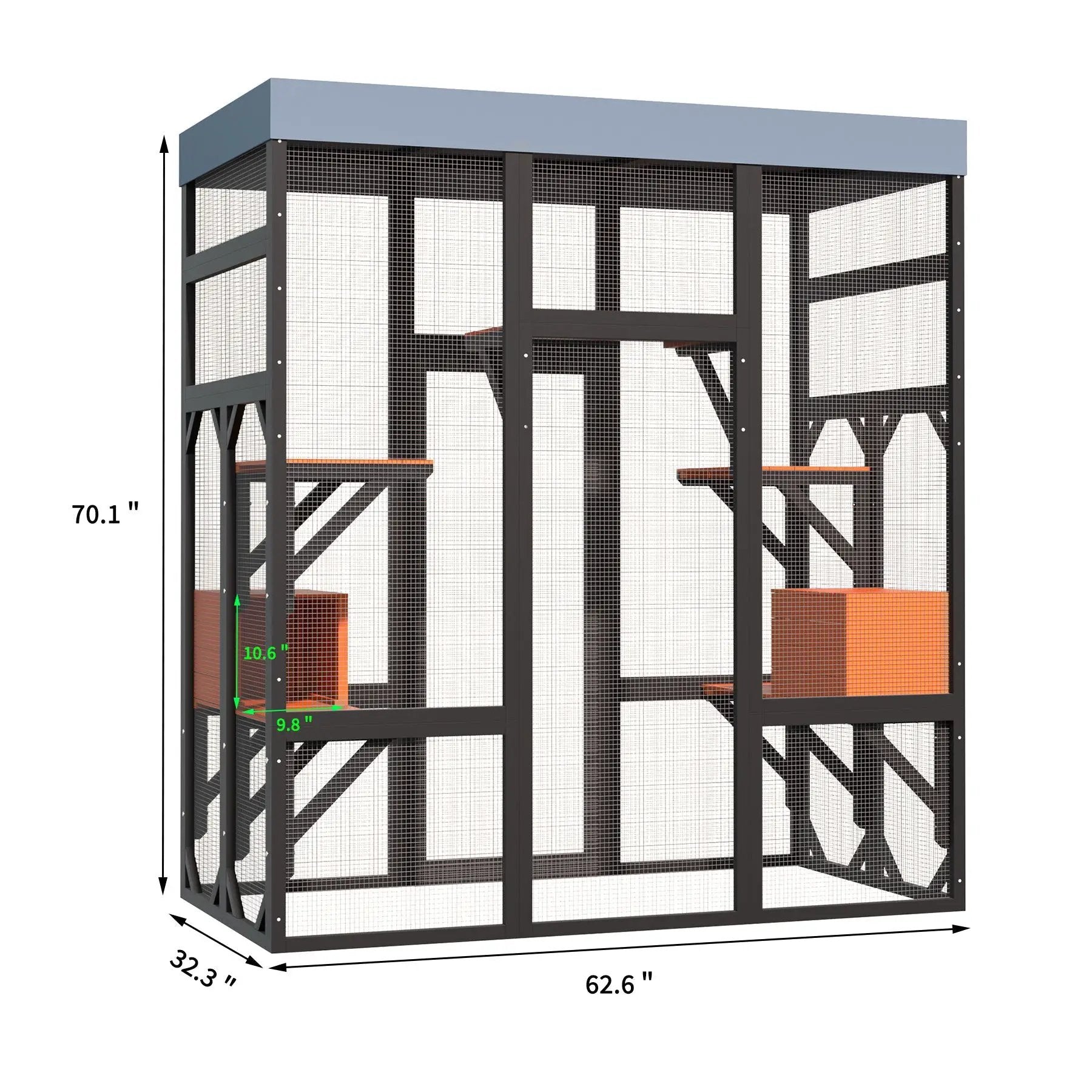 Premium Solid Wood Pet Enclosure by Home Furnishers; dark frame with wire-mesh panels and interior shelves.