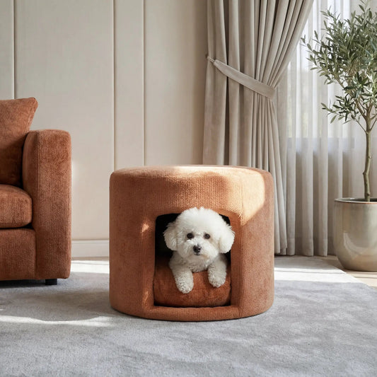 Orange pet-friendly ottoman with removable cushion by Home Furnishers.