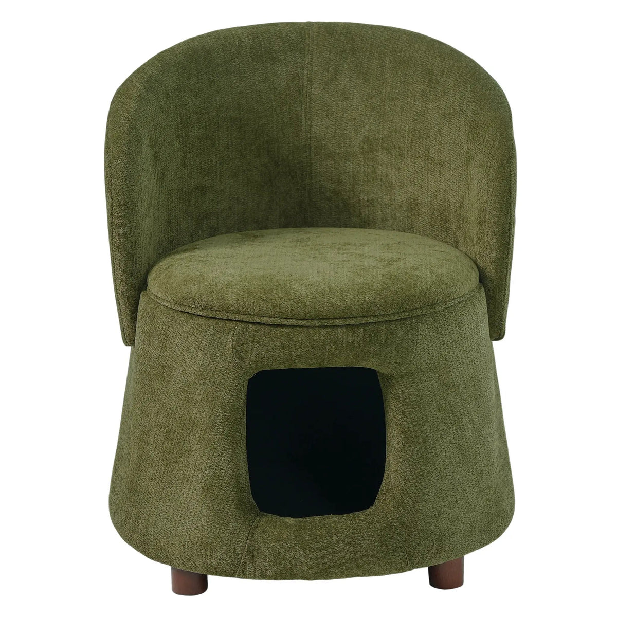 Accent chair in green upholstery with hidden pet nook and brown wooden legs.