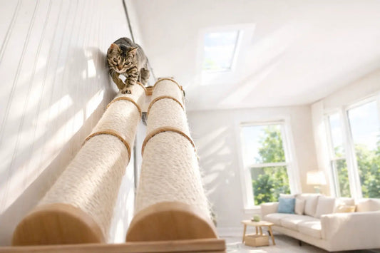 Slanted Cat Scratcher for Wall; beige sisal posts on a wooden base with a cat climbing.