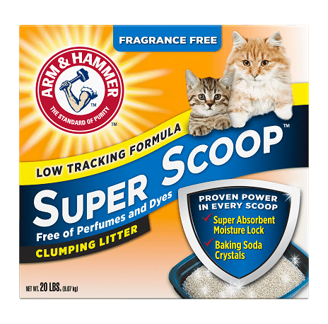 Arm and Hammer Super Scoop Fragrance Free representative 20 lb box; options are 14 lb and 29 lb