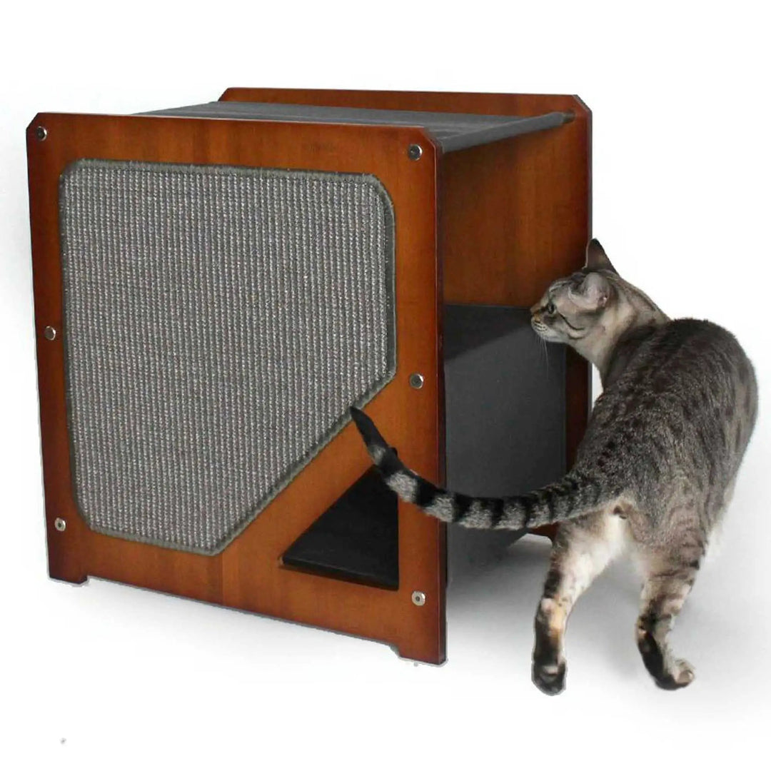 The Grotto cat condo in brown wood with a grey fabric scratching panel; cat beside it.