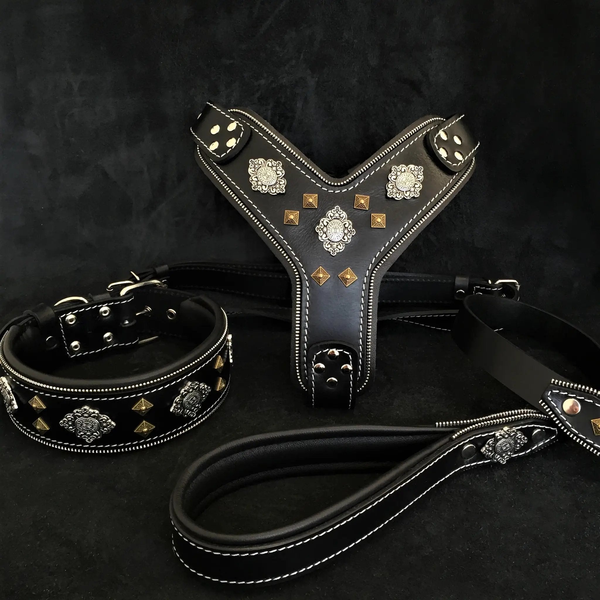 Bestia Dog Gear Aztec Italian Leather Harness Collar Leash Set Black by Bestia Dog Gear