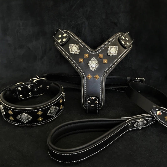 Bestia Dog Gear Aztec Italian Leather Harness Collar Leash Set Black by Bestia Dog Gear