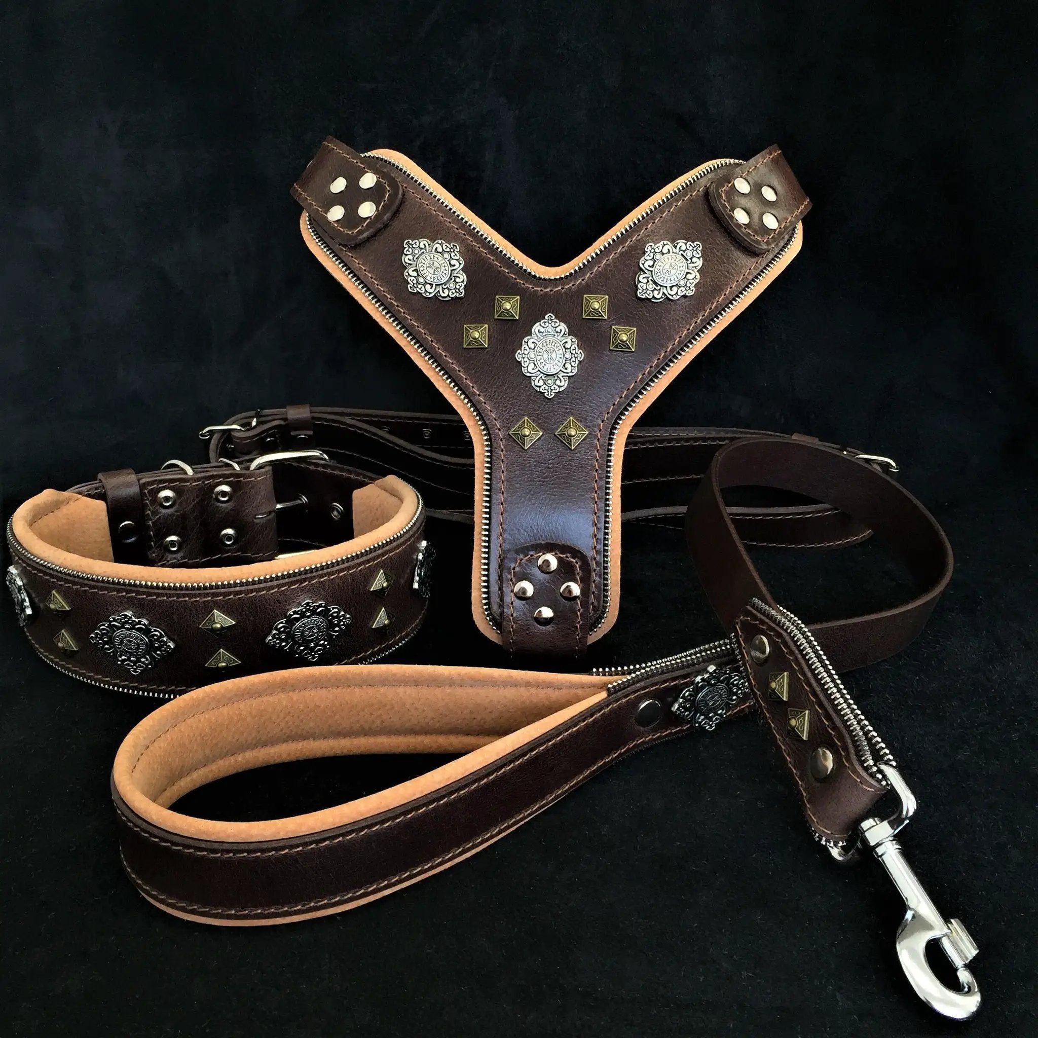 "AZTEC" BIG dog SET - Harness - collar - lead. Brown - Pet Collars & Harnesses from Bestia Dog Gear