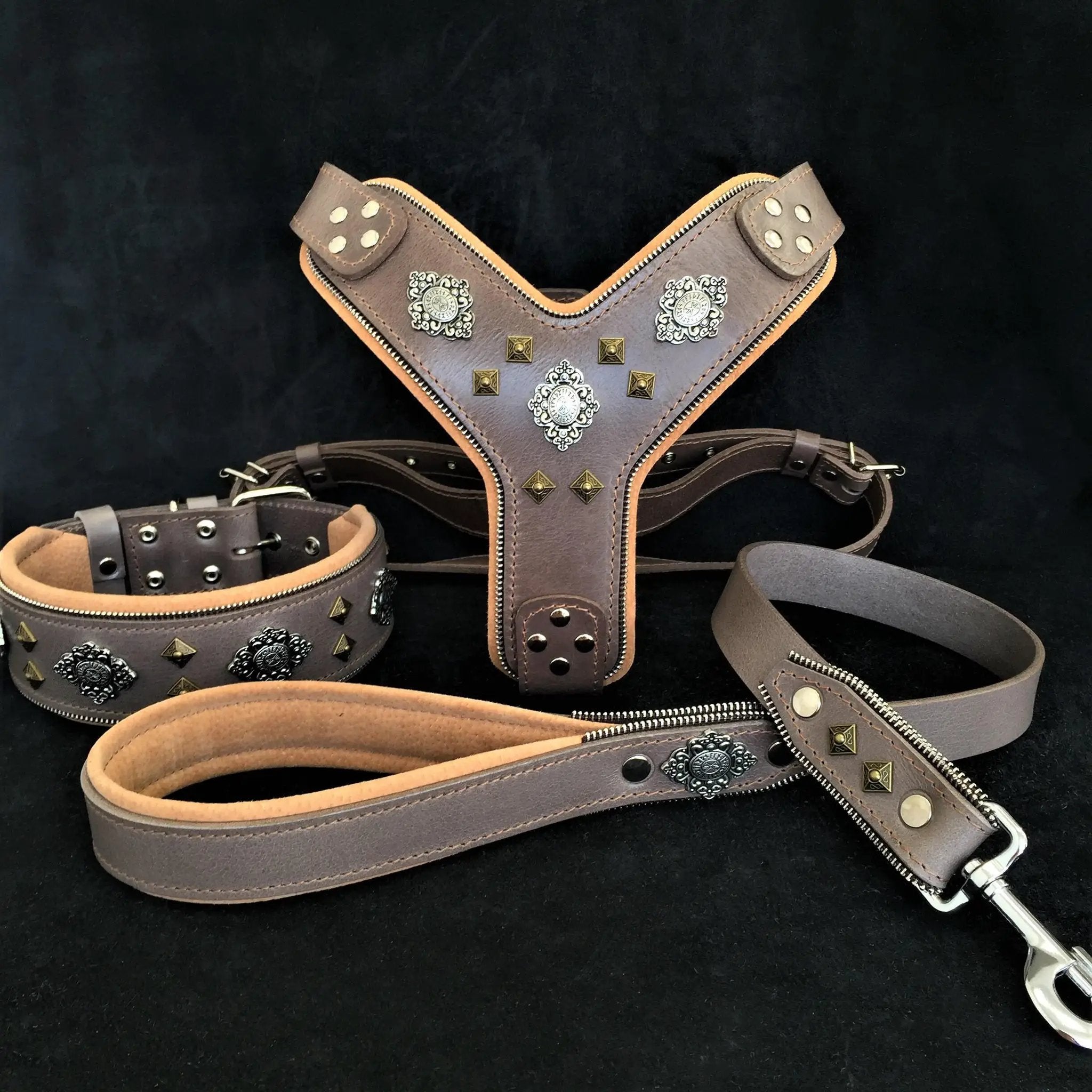 "AZTEC" BIG dog SET - Harness - collar - lead. Grey - Pet Collars & Harnesses from Bestia Dog Gear