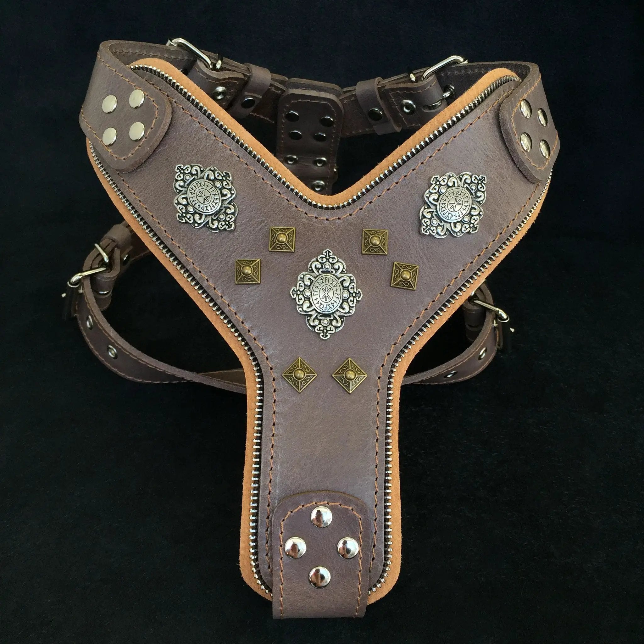 Bestia Dog Gear Aztec Grey Harness Old Silver Antique Brass Rivets by Bestia Dog Gear