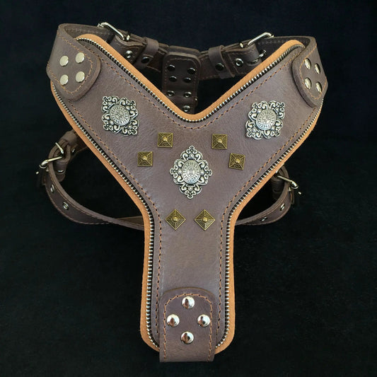 Bestia Dog Gear Aztec Grey Harness Old Silver Antique Brass Rivets by Bestia Dog Gear